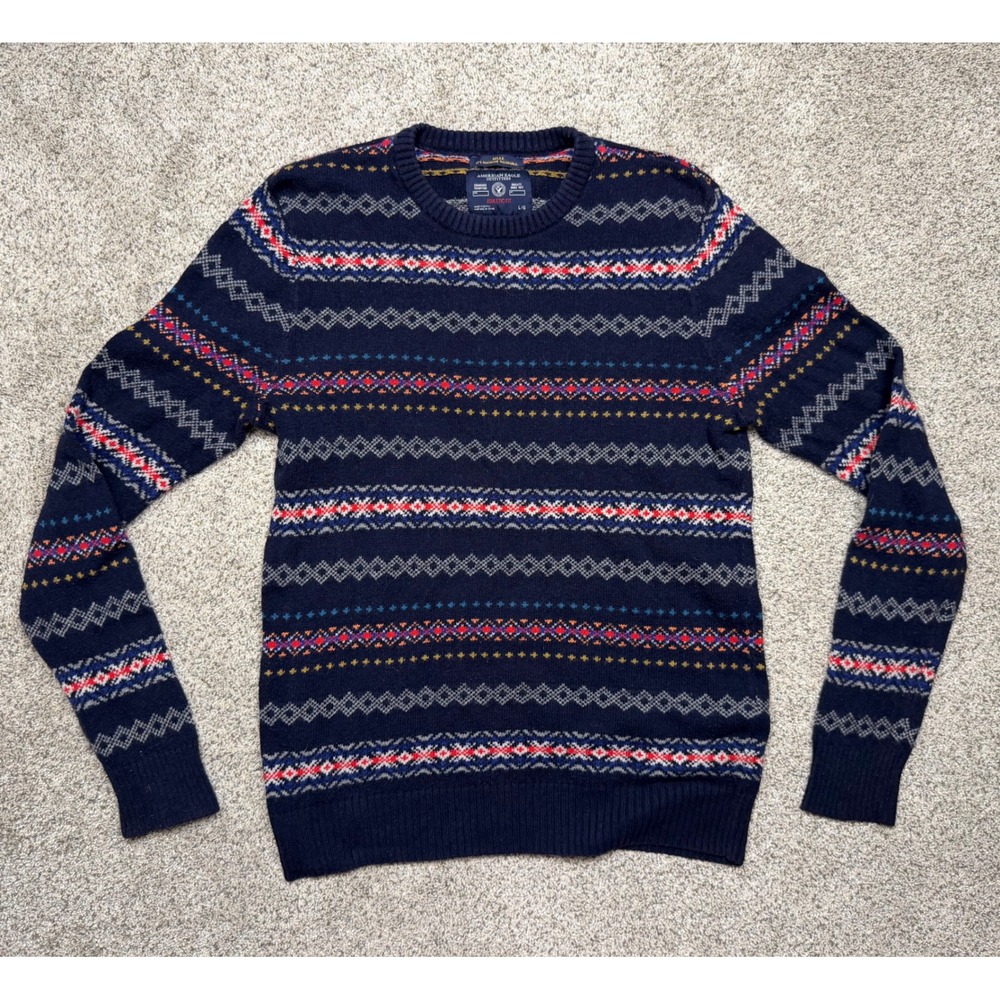 American Eagle Sweater Fair Isle Large Navy Athletic Fit Crew